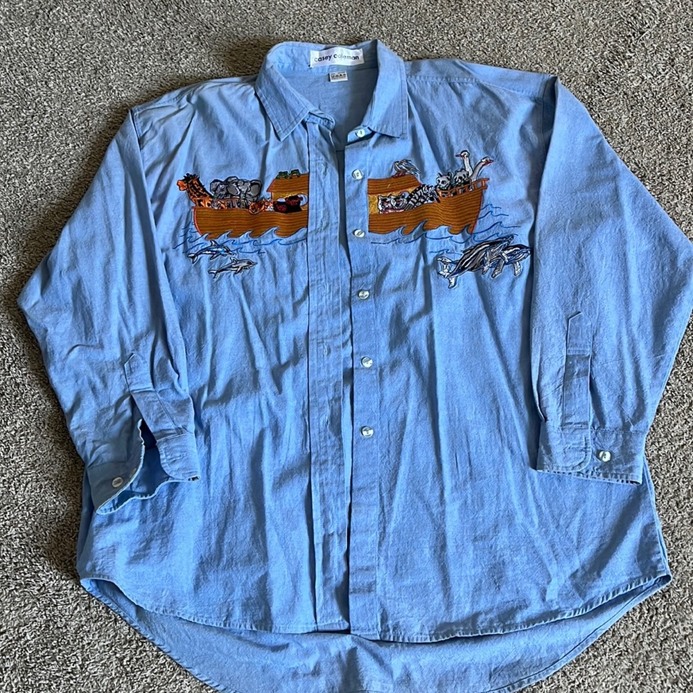 Vintage Casey Coleman Noah’s Ark Embroidered Button Down Denim Shirt size L